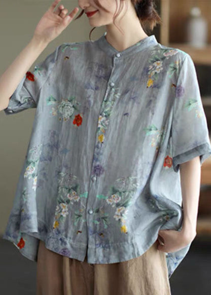 Blue- Flower2 Stand Collar Print Tops Half Sleeve