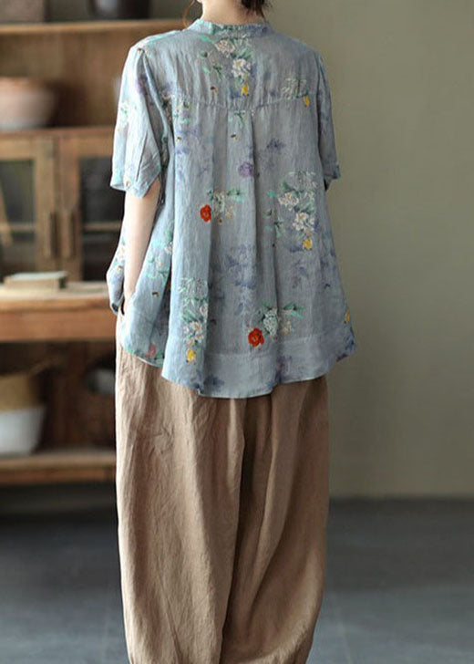 Purple Flower Stand Collar Print Tops Half Sleeve