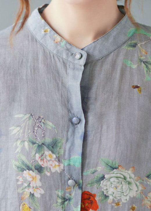 Blue- Flower2 Stand Collar Print Tops Half Sleeve
