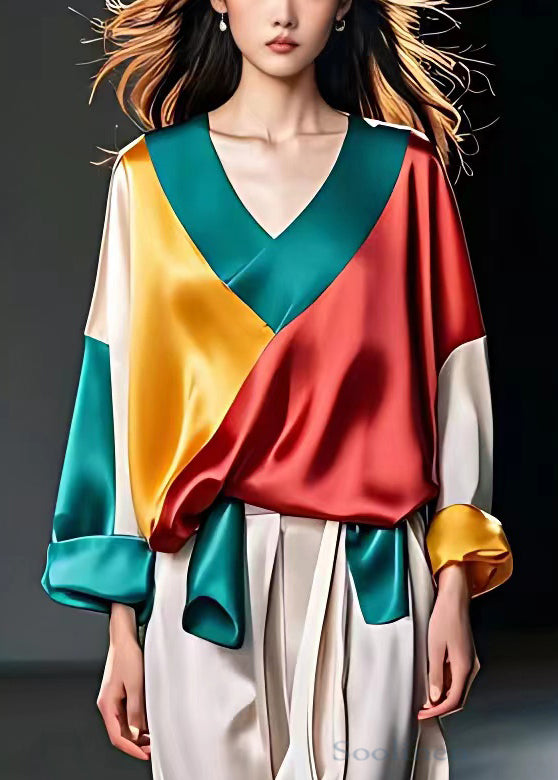 Blue V Neck Asymmetrical Patchwork Silk Tops Long Sleeve