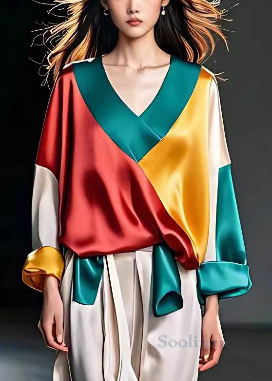 Blue V Neck Asymmetrical Patchwork Silk Tops Long Sleeve