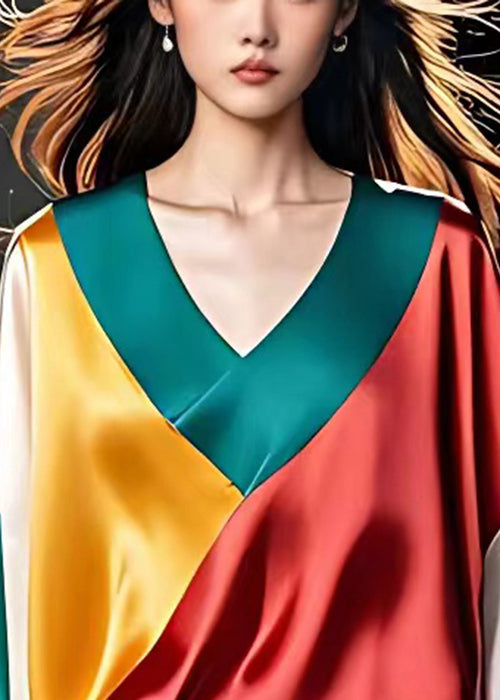 Blue V Neck Asymmetrical Patchwork Silk Tops Long Sleeve