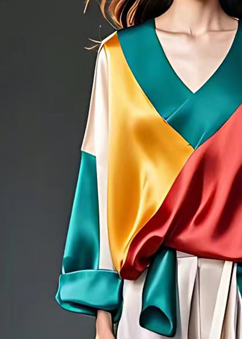 Blue V Neck Asymmetrical Patchwork Silk Tops Long Sleeve