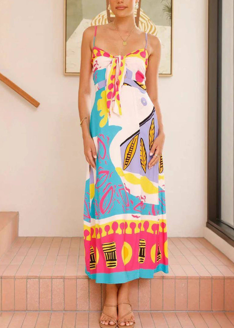 Blue V Neck Bow Side Open Long Dresses Sleeveless