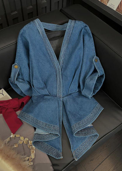 Blue V Neck Bow Tunic Denim Shirt Tops Short Sleeve