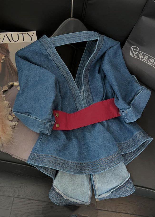 Blue V Neck Bow Tunic Denim Shirt Tops Short Sleeve