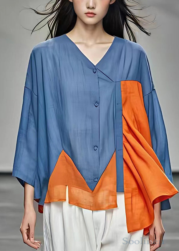Blue V Neck Button Patchwork Cotton Shirt Bracelet Sleeve
