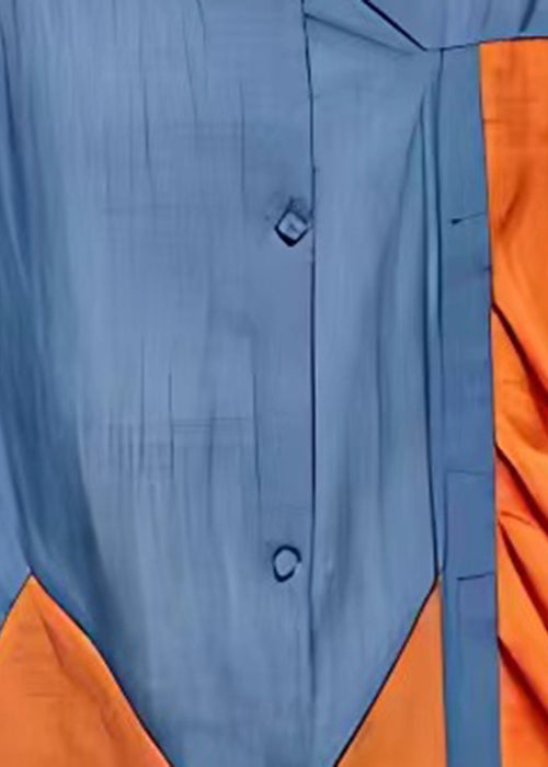 Blue V Neck Button Patchwork Cotton Shirt Bracelet Sleeve
