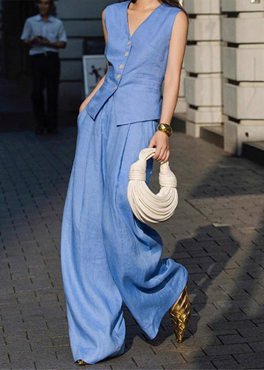 Blue V Neck Button Waistcoat and Straight Pants Two Pieces Set Sleeveless