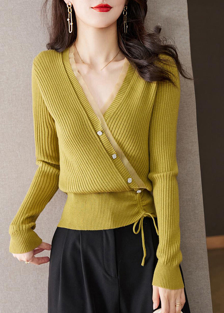 Blue V Neck Drawstring Patchwork Woolen Sweaters Fall