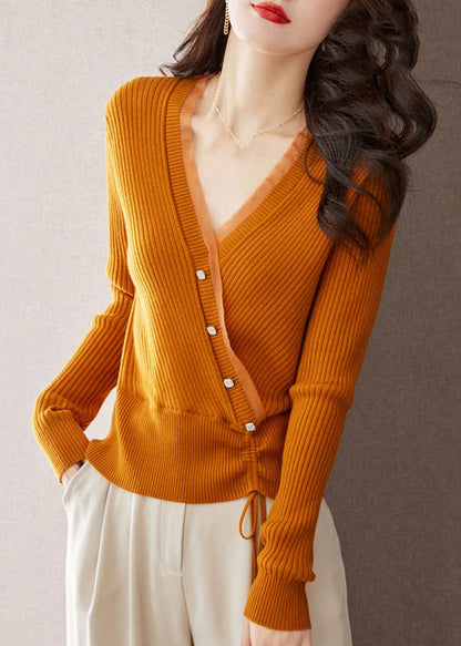 Blue V Neck Drawstring Patchwork Woolen Sweaters Fall