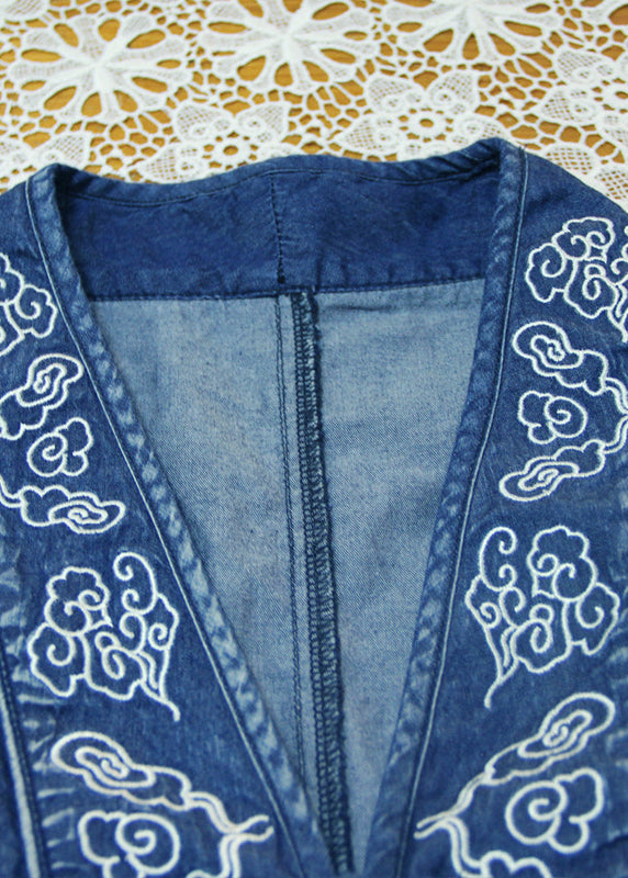 Blue V Neck Embroideried Button Cotton Denim Long Dresses Long Sleeve
