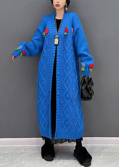 Blue V Neck Button Knit Cardigan Fall