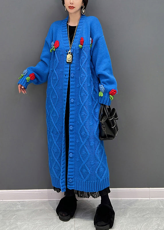 Blue V Neck Button Knit Cardigan Fall