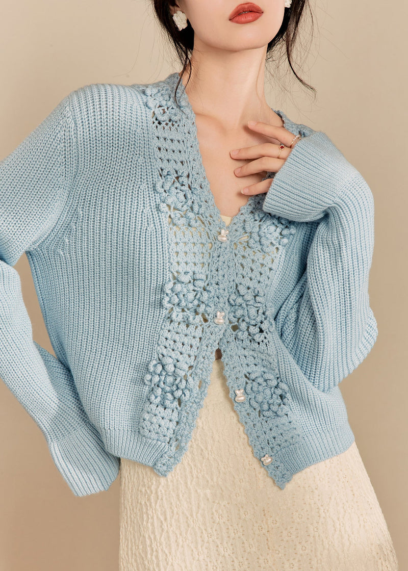 Blue V Neck Hollow Out Knit Cardigan Spring
