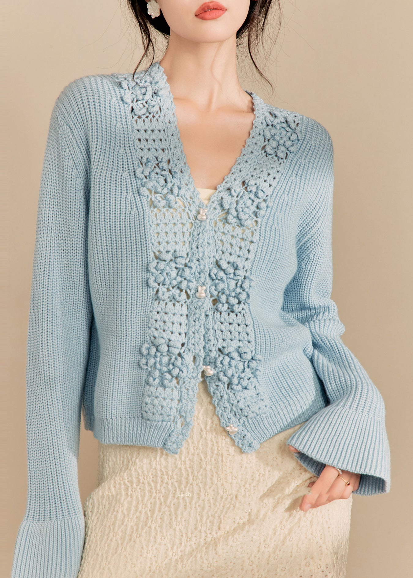 Blue V Neck Hollow Out Knit Cardigan Spring
