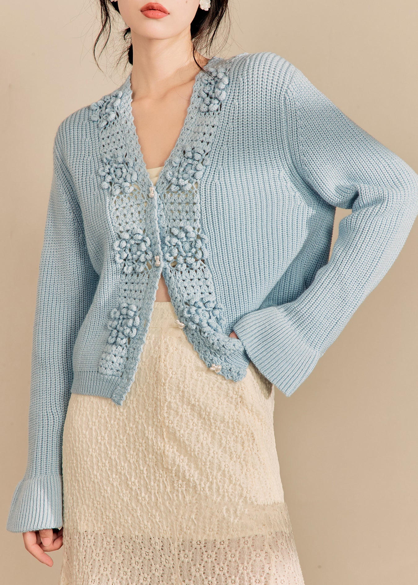 Blue V Neck Hollow Out Knit Cardigan Spring
