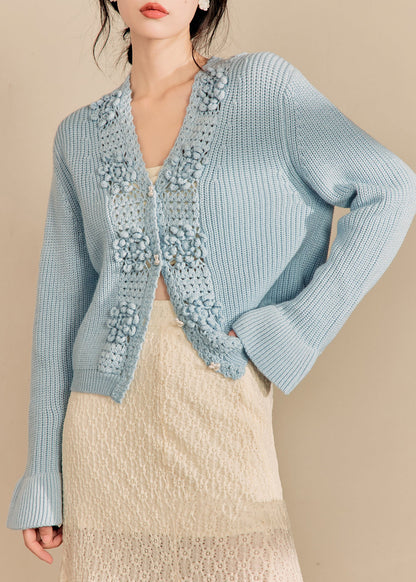 Blue V Neck Hollow Out Knit Cardigan Spring