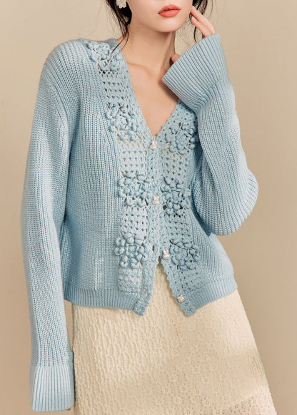 Blue V Neck Hollow Out Knit Cardigan Spring