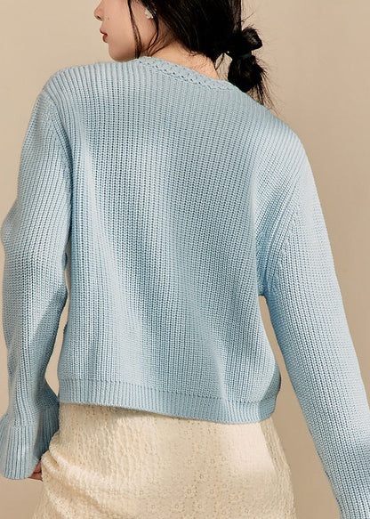 Blue V Neck Hollow Out Knit Cardigan Spring