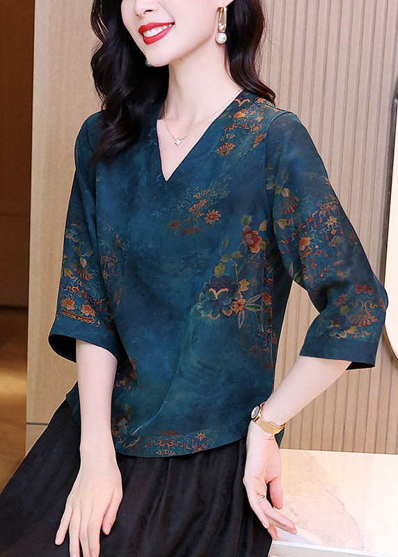 Blue V Neck Patchwork Print Silk Blouse Tops Spring