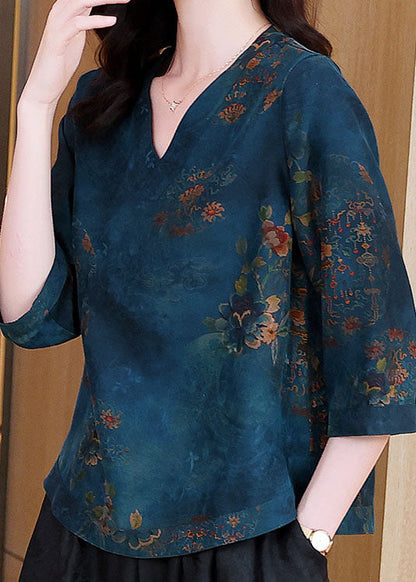 Blue V Neck Patchwork Print Silk Blouse Tops Spring