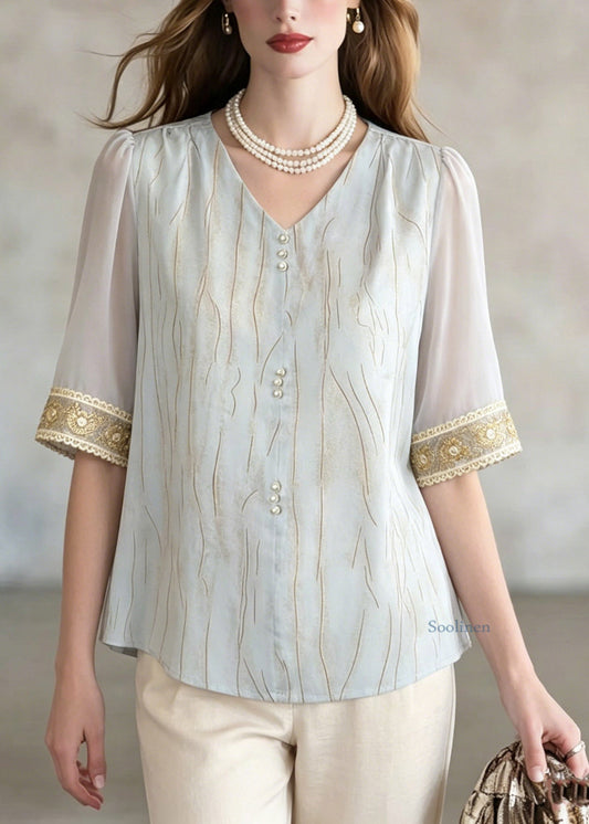Blue V Neck Patchwork Shirt Summer
