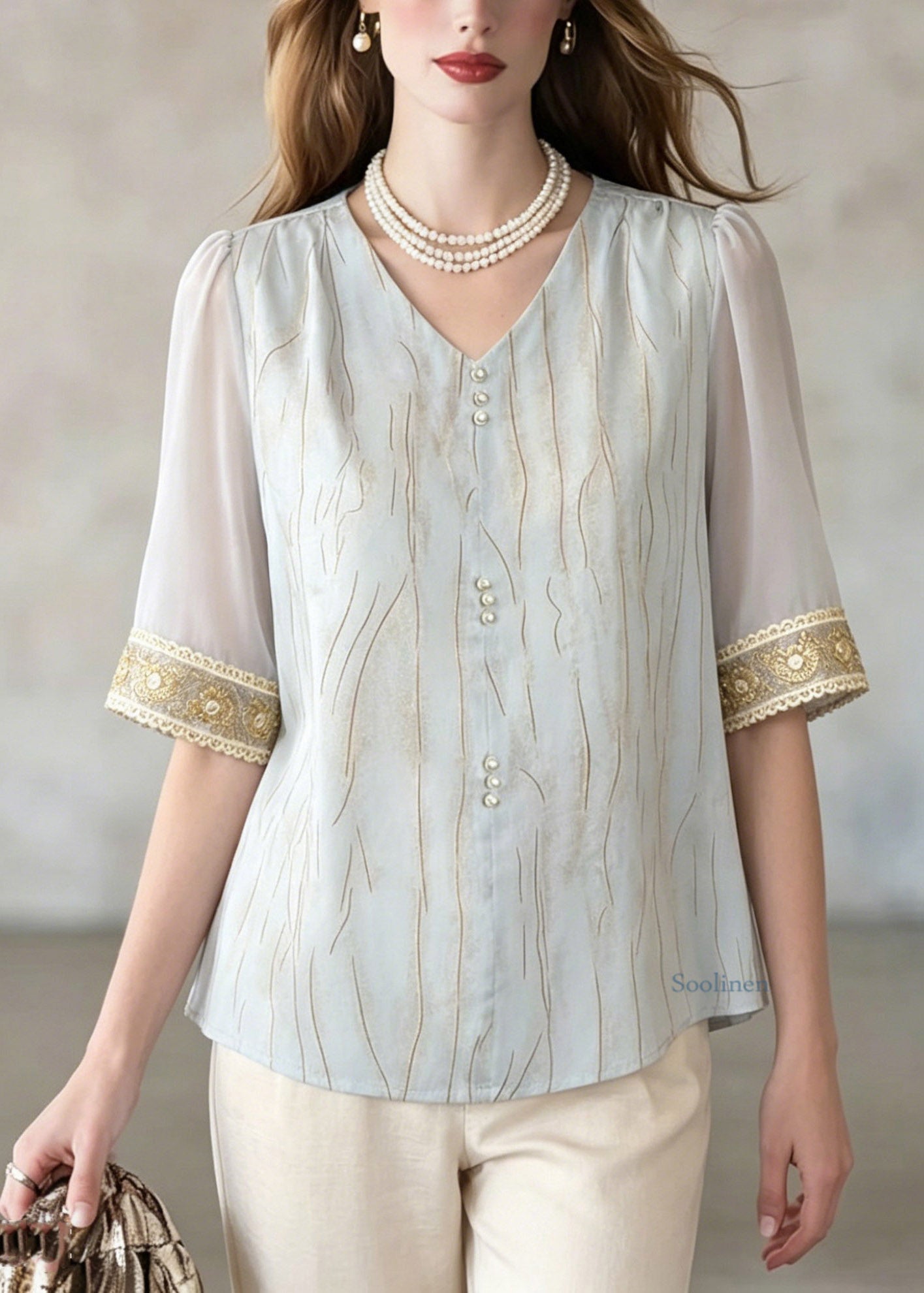 Blue V Neck Patchwork Shirt Summer