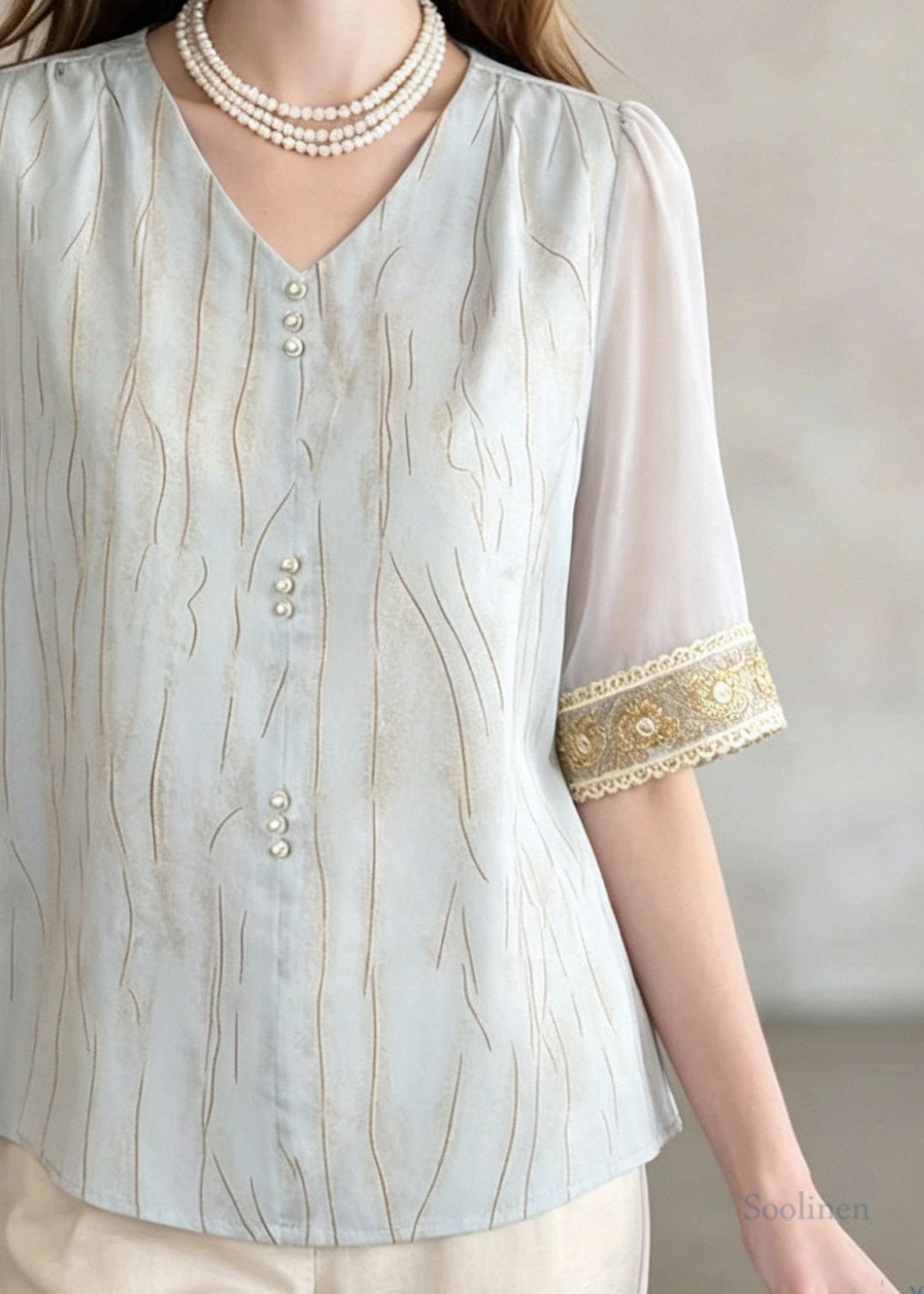 Blue V Neck Patchwork Shirt Summer