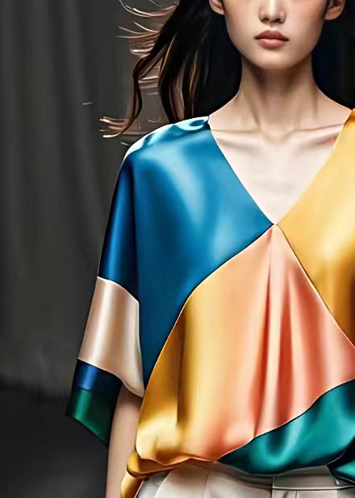 Blue V Neck Patchwork Silk Top Half Sleeve