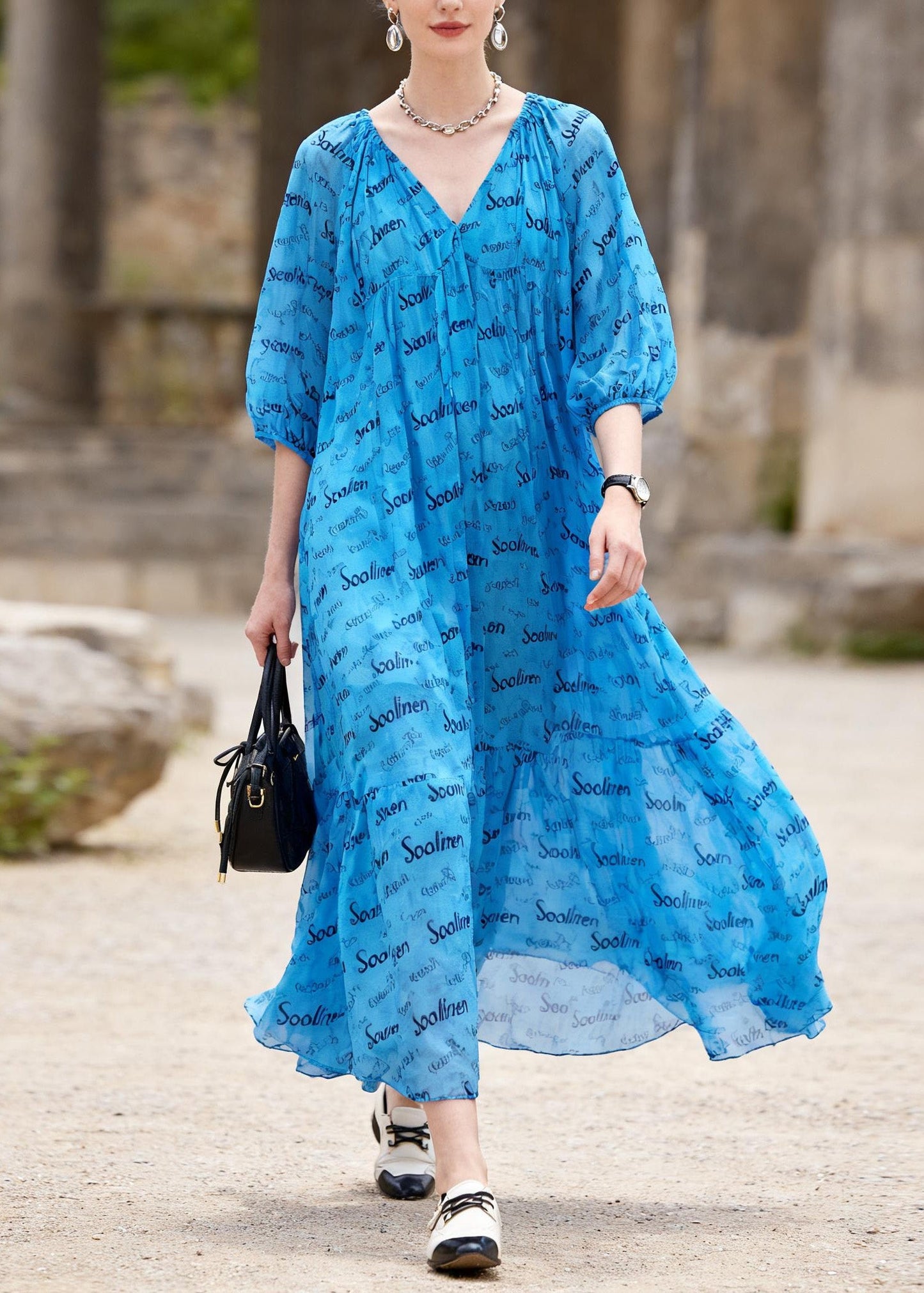 Blue V Neck Print Chiffon Ankle Dress Summer