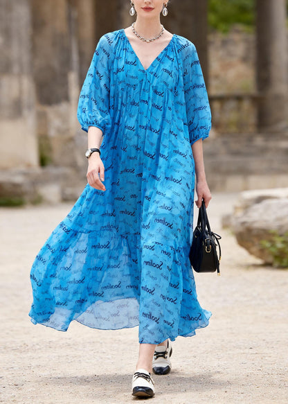 Blue V Neck Print Chiffon Ankle Dress Summer