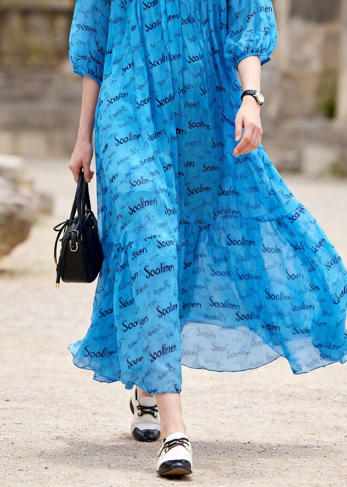 Blue V Neck Print Chiffon Ankle Dress Summer