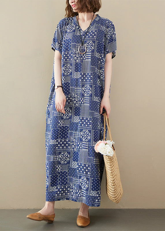 Blue V Neck Print Cotton Beach Long Dress Short Sleeve