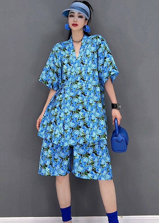 Blue V Neck Print Cotton Cinch Top and Shorts Two Pieces Set Short Sleeve