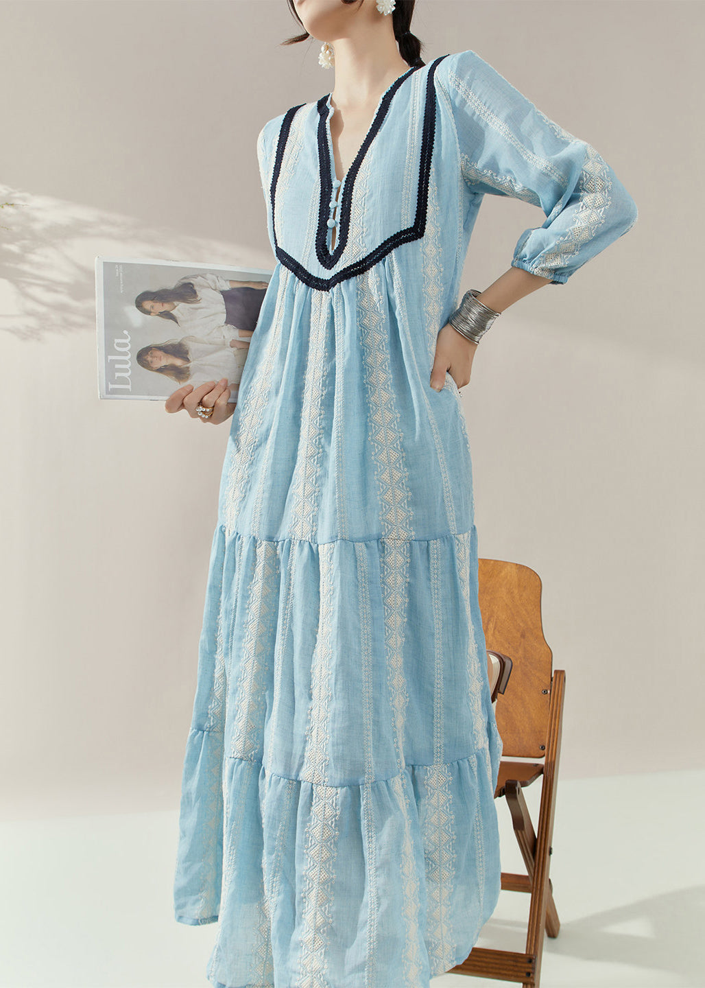 Blue V Neck Print Cotton Holiday Dress Half Sleeve