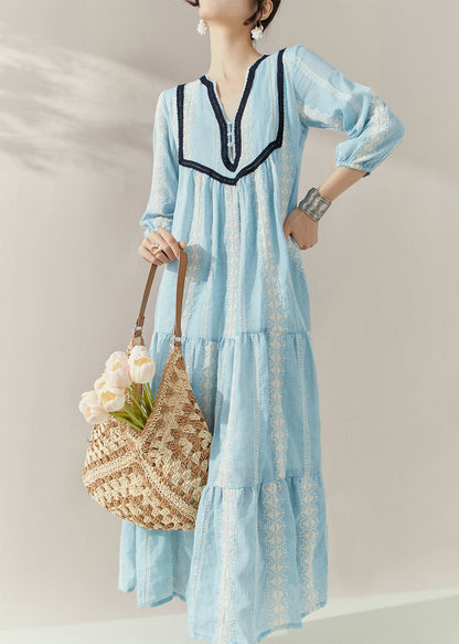 Blue V Neck Print Cotton Holiday Dress Half Sleeve