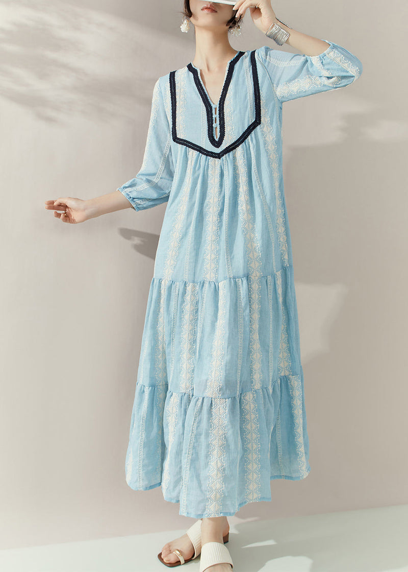 Blue V Neck Print Cotton Holiday Dress Half Sleeve