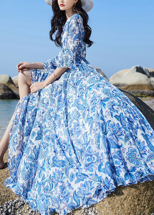 Blue V Neck Print Elastic Waist Chiffon Vacation Maxi Dresses Flare Sleeve