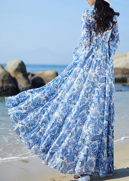 Blue V Neck Print Elastic Waist Chiffon Vacation Maxi Dresses Flare Sleeve