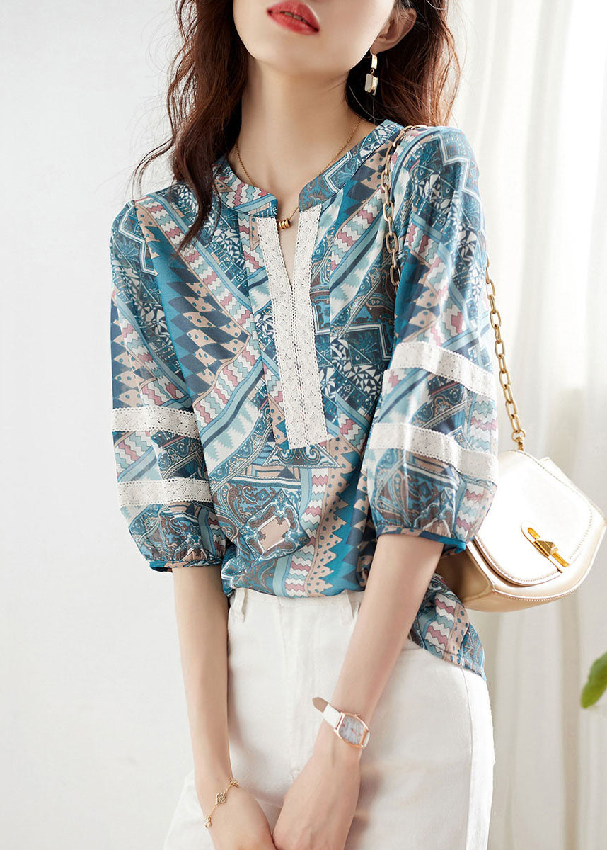 Blue V Neck Print Lace Patchwork Chiffon Shirt Top Summer