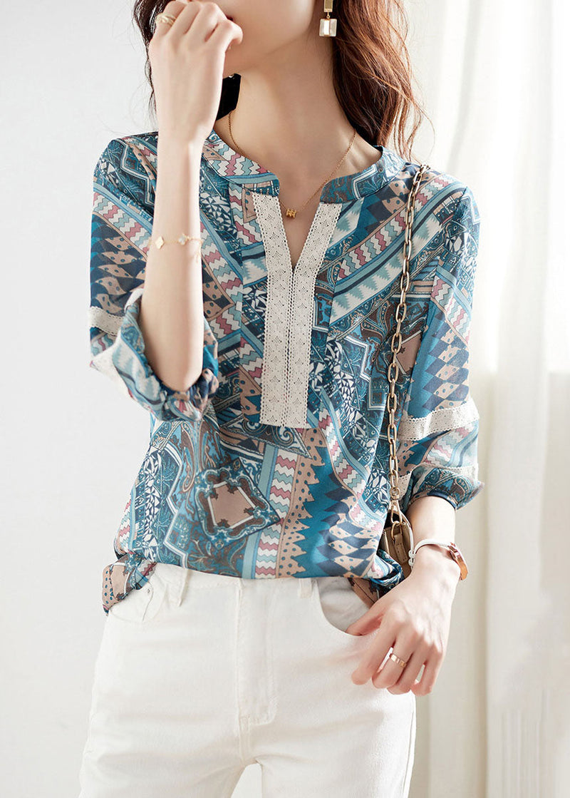 Blue V Neck Print Lace Patchwork Chiffon Shirt Top Summer