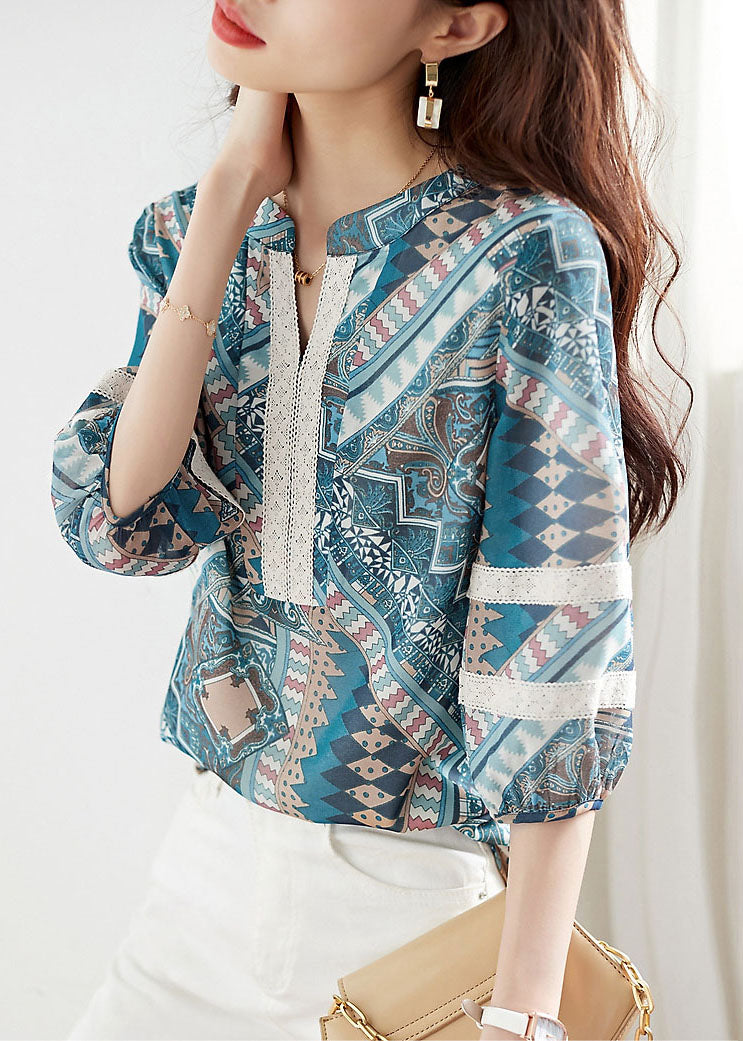 Blue V Neck Print Lace Patchwork Chiffon Shirt Top Summer