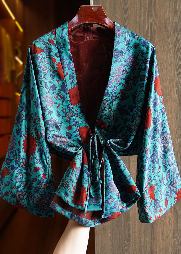 Blue V Neck Print Tie Waist Silk Coats Long Sleeve
