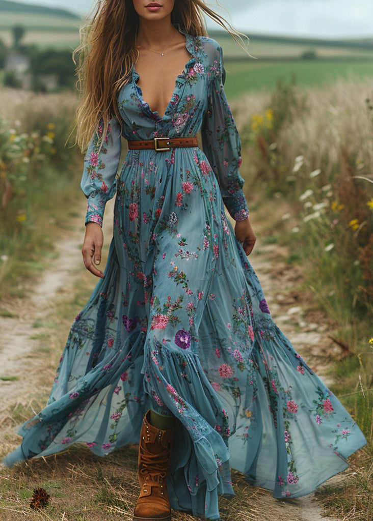 Blue V Neck Ruffled Print Cotton Maxi Dresses Spring