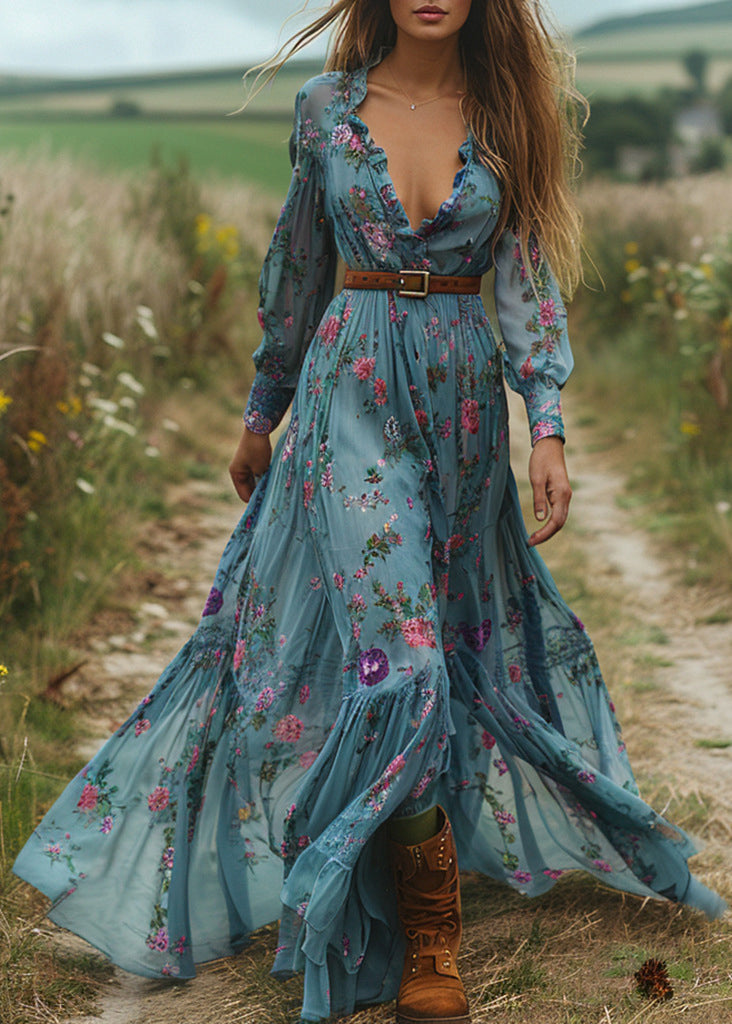 Blue V Neck Ruffled Print Cotton Maxi Dresses Spring