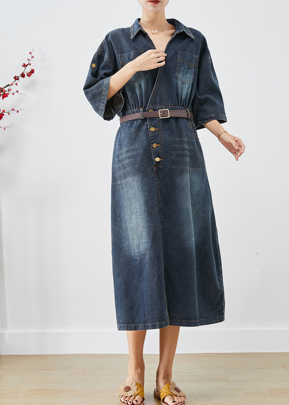 Blue V Neck Side Open Denim Long Dress Fall