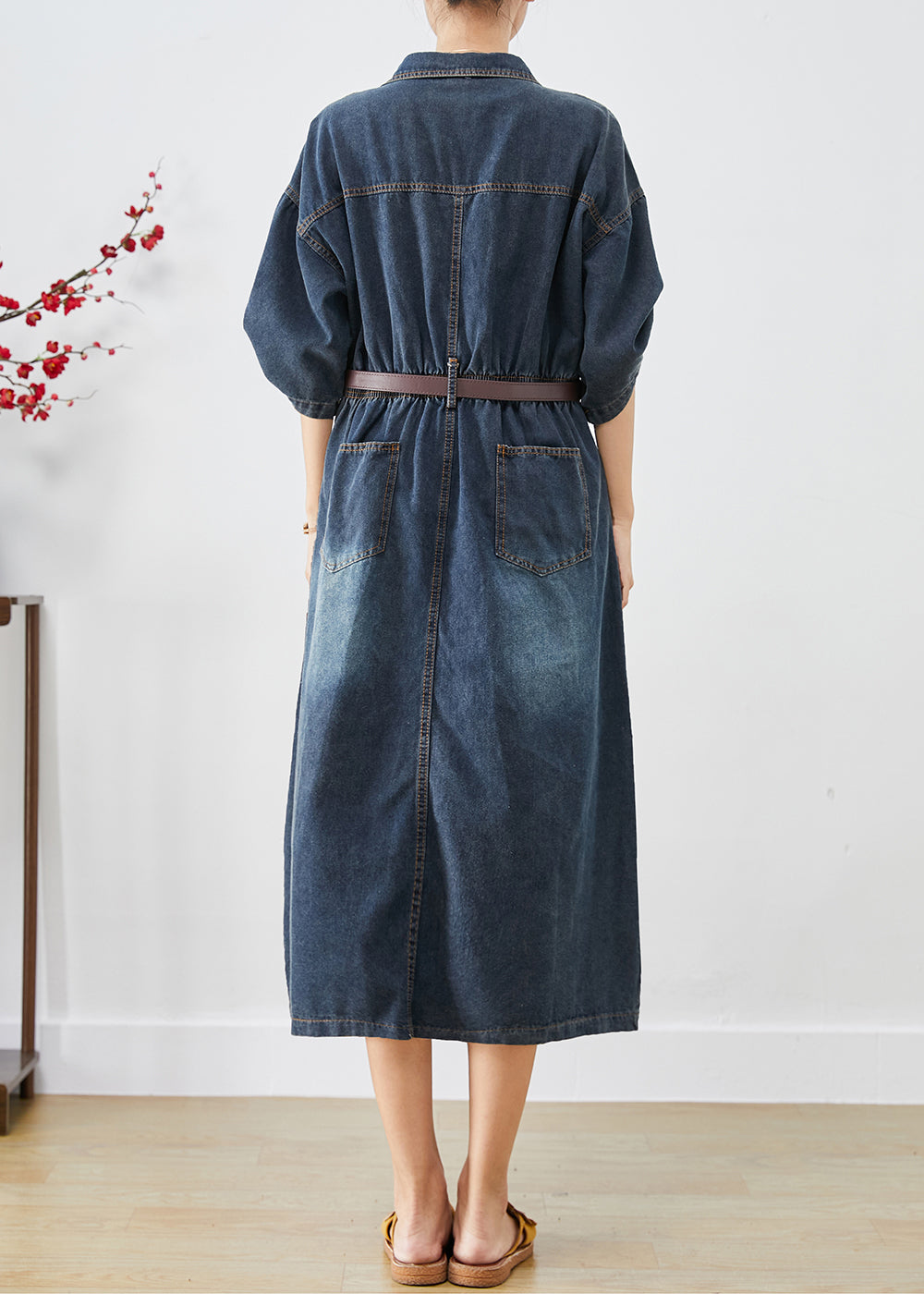 Blue V Neck Side Open Denim Long Dress Fall