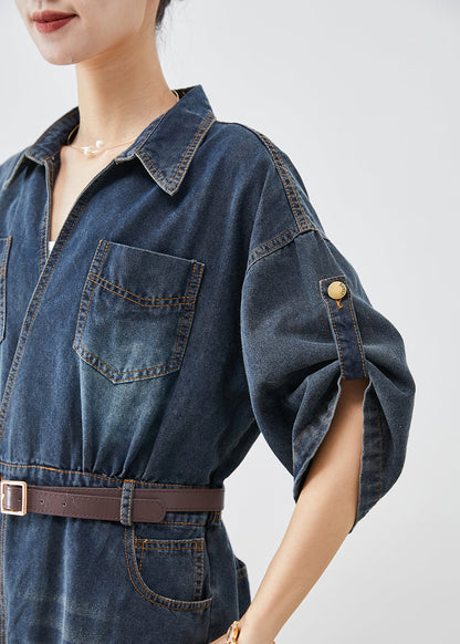 Blue V Neck Side Open Denim Long Dress Fall