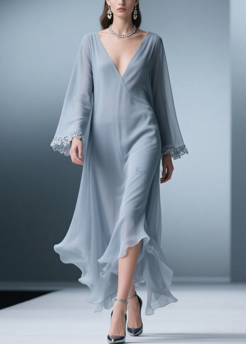 Blue V Neck Lace Chiffon Long Dress Spring